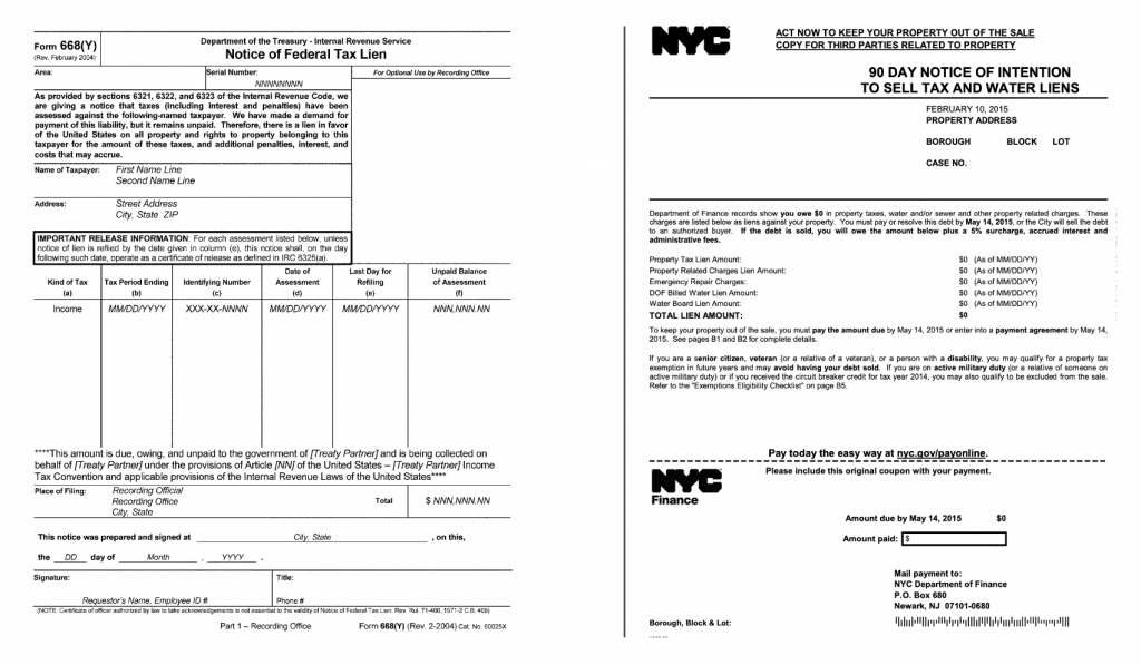 Side by side images: A screenshot of an example of a notice of Federal Tax Lien and a New York City tax lien.